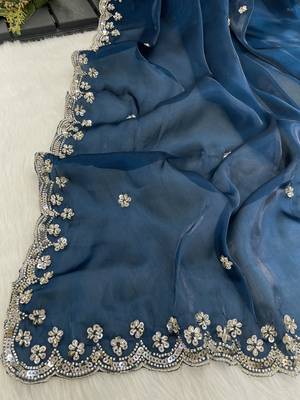Teal blue heavy embroidered real moti with sequin embroidered zimmy choo silk bollywood saree with blouse 3