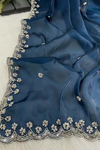 Teal blue heavy embroidered real moti with sequin embroidered zimmy choo silk bollywood saree with blouse