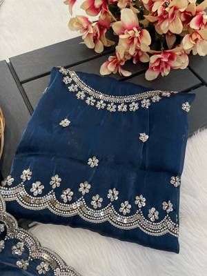 Teal blue heavy embroidered real moti with sequin embroidered zimmy choo silk bollywood saree with blouse 4