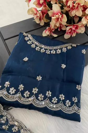 Teal blue heavy embroidered real moti with sequin embroidered zimmy choo silk bollywood saree with blouse