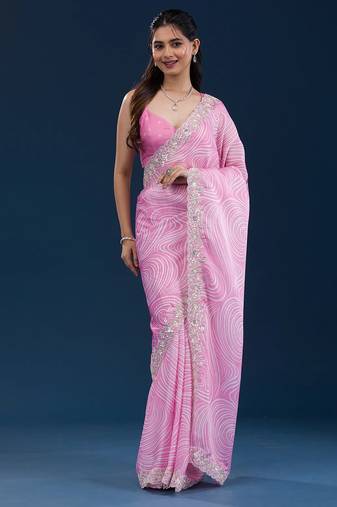 pink digital prints sequin embroidered georgette saree with blouse