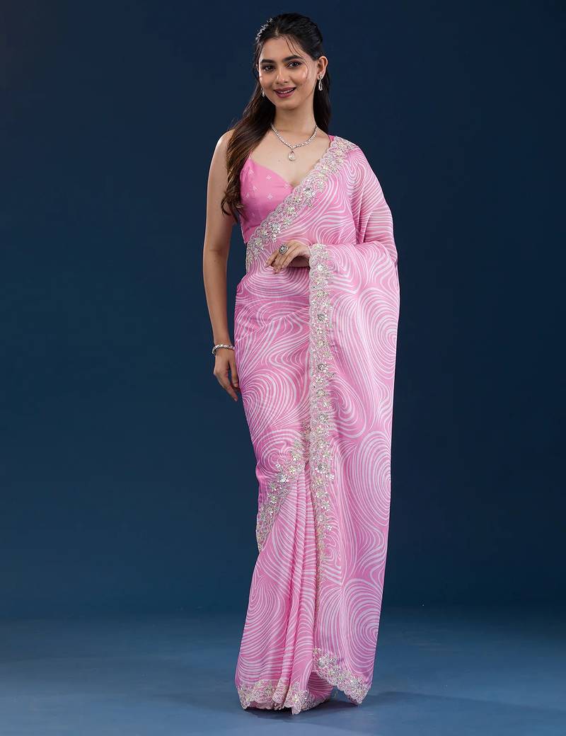 pink digital prints sequin embroidered georgette saree with blouse