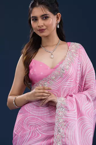 pink digital prints sequin embroidered georgette saree with blouse
