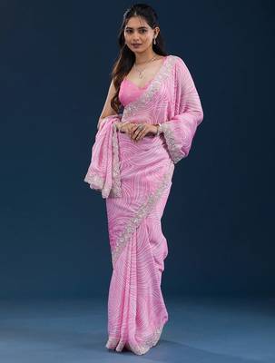 pink digital prints sequin embroidered georgette saree with blouse 4