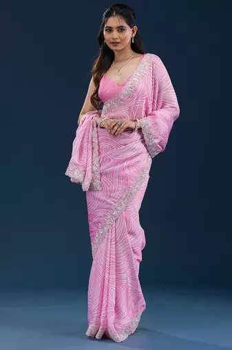 pink digital prints sequin embroidered georgette saree with blouse