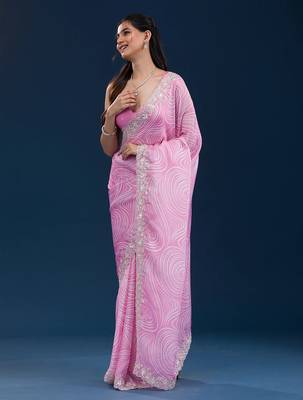 pink digital prints sequin embroidered georgette saree with blouse 5