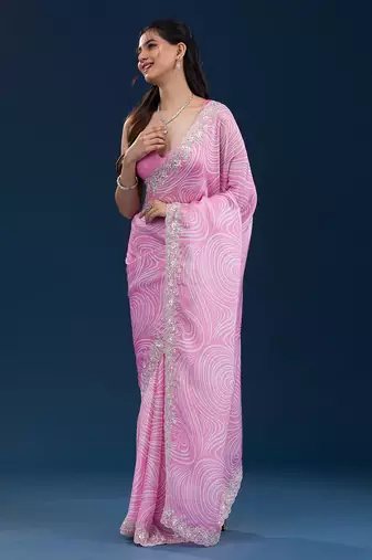 pink digital prints sequin embroidered georgette saree with blouse