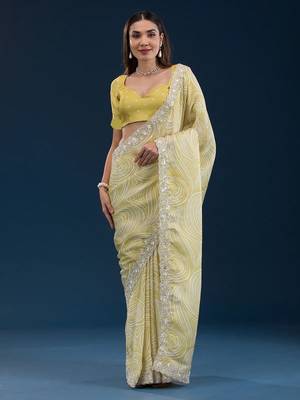 yellow digital prints sequin embroidered georgette saree with blouse 1
