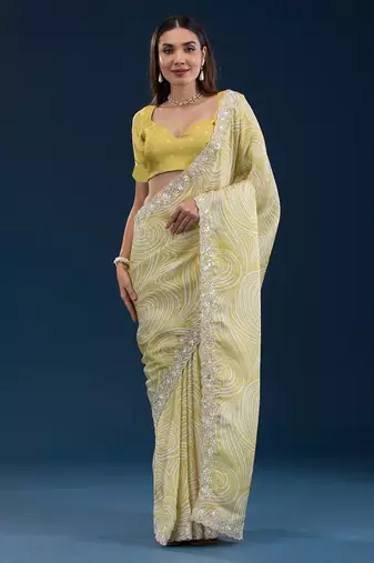 yellow digital prints sequin embroidered georgette saree with blouse