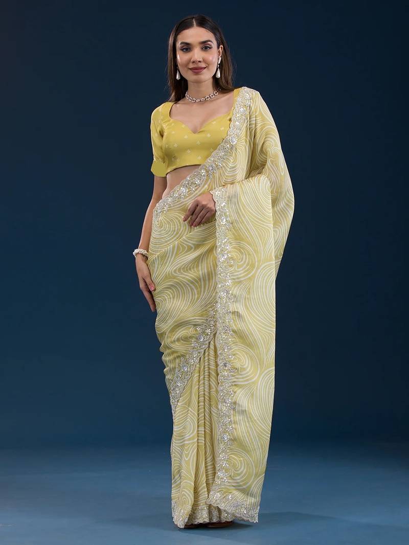 yellow digital prints sequin embroidered georgette saree with blouse