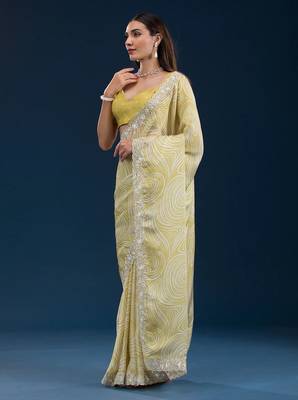 yellow digital prints sequin embroidered georgette saree with blouse 2