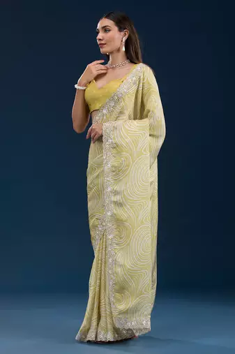 yellow digital prints sequin embroidered georgette saree with blouse