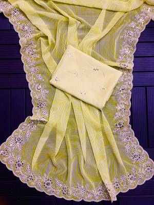 yellow digital prints sequin embroidered georgette saree with blouse 3