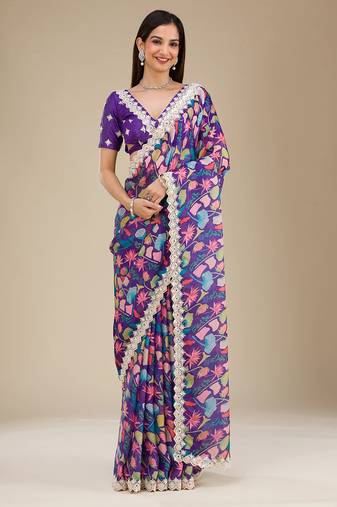 purple digital prints sequin embroidered georgette saree with blouse