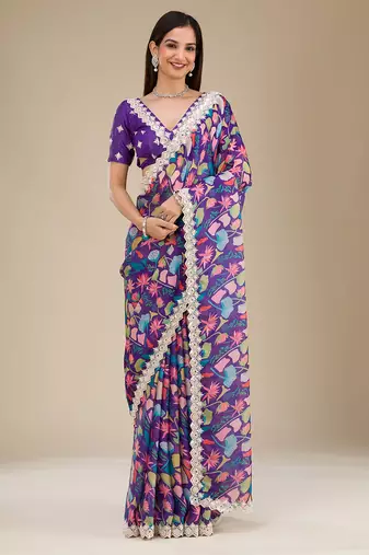 purple digital prints sequin embroidered georgette saree with blouse