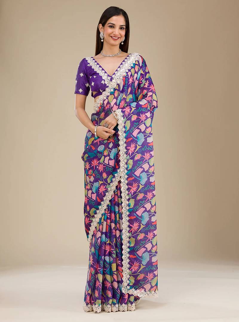 purple digital prints sequin embroidered georgette saree with blouse