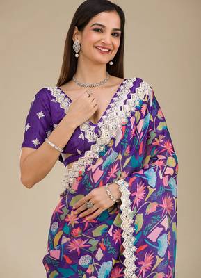 purple digital prints sequin embroidered georgette saree with blouse 2