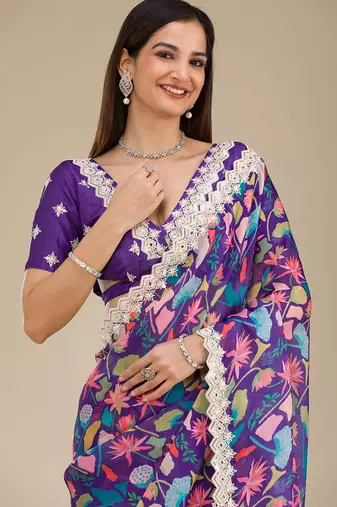 purple digital prints sequin embroidered georgette saree with blouse