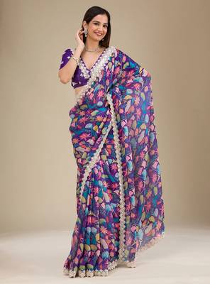 purple digital prints sequin embroidered georgette saree with blouse 3