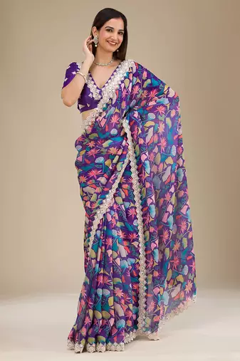 purple digital prints sequin embroidered georgette saree with blouse