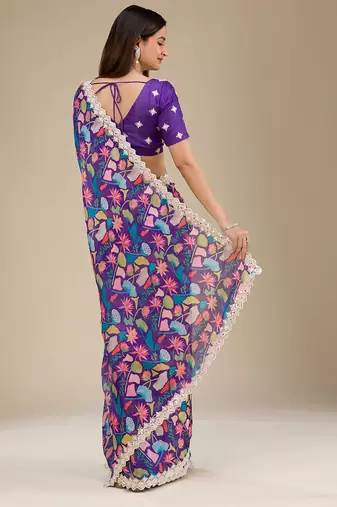 purple digital prints sequin embroidered georgette saree with blouse