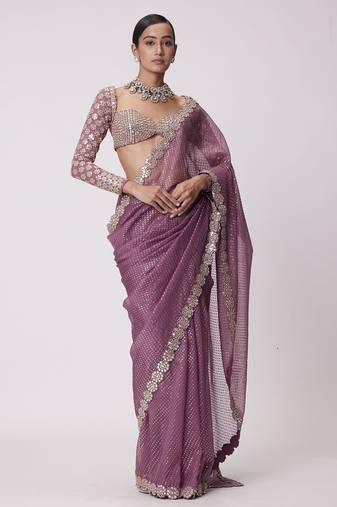 mauve pink sequin embroidered mirror work faux georgette saree with blouse