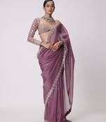 mauve pink sequin embroidered mirror work faux georgette saree with blouse