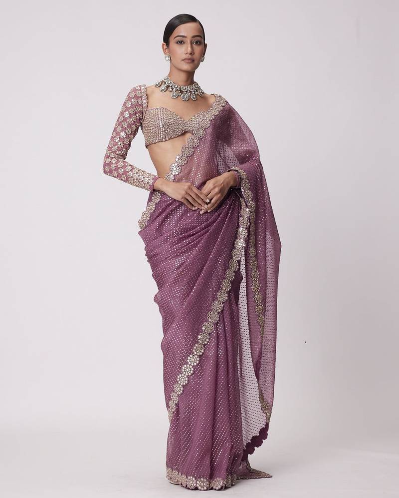 mauve pink sequin embroidered mirror work faux georgette saree with blouse