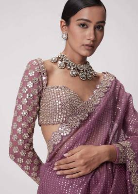 mauve pink sequin embroidered mirror work faux georgette saree with blouse 2