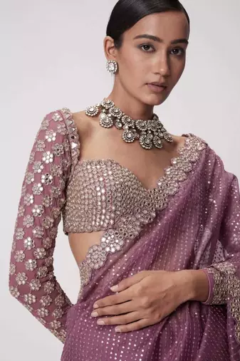 mauve pink sequin embroidered mirror work faux georgette saree with blouse
