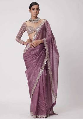 mauve pink sequin embroidered mirror work faux georgette saree with blouse 3