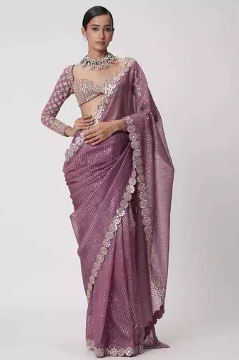 mauve pink sequin embroidered mirror work faux georgette saree with blouse