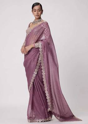 mauve pink sequin embroidered mirror work faux georgette saree with blouse 4