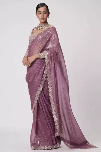 mauve pink sequin embroidered mirror work faux georgette saree with blouse