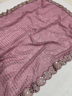 mauve pink sequin embroidered mirror work faux georgette saree with blouse 5