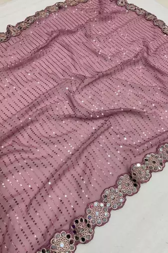 mauve pink sequin embroidered mirror work faux georgette saree with blouse