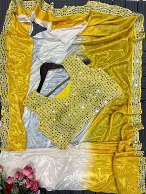 yellow ombre mirror work chinon saree with blouse 2