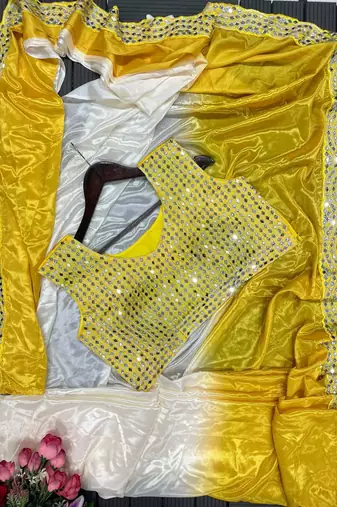 yellow ombre mirror work chinon saree with blouse