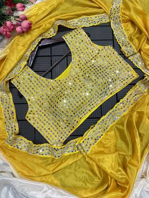 yellow ombre mirror work chinon saree with blouse 3