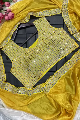 yellow ombre mirror work chinon saree with blouse