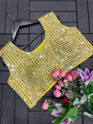 yellow ombre mirror work chinon saree with blouse 4