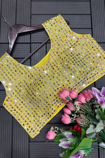 yellow ombre mirror work chinon saree with blouse