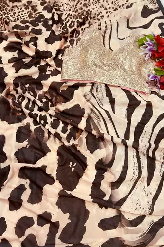 Beige printed vichitra silk bollywood saree with blouse