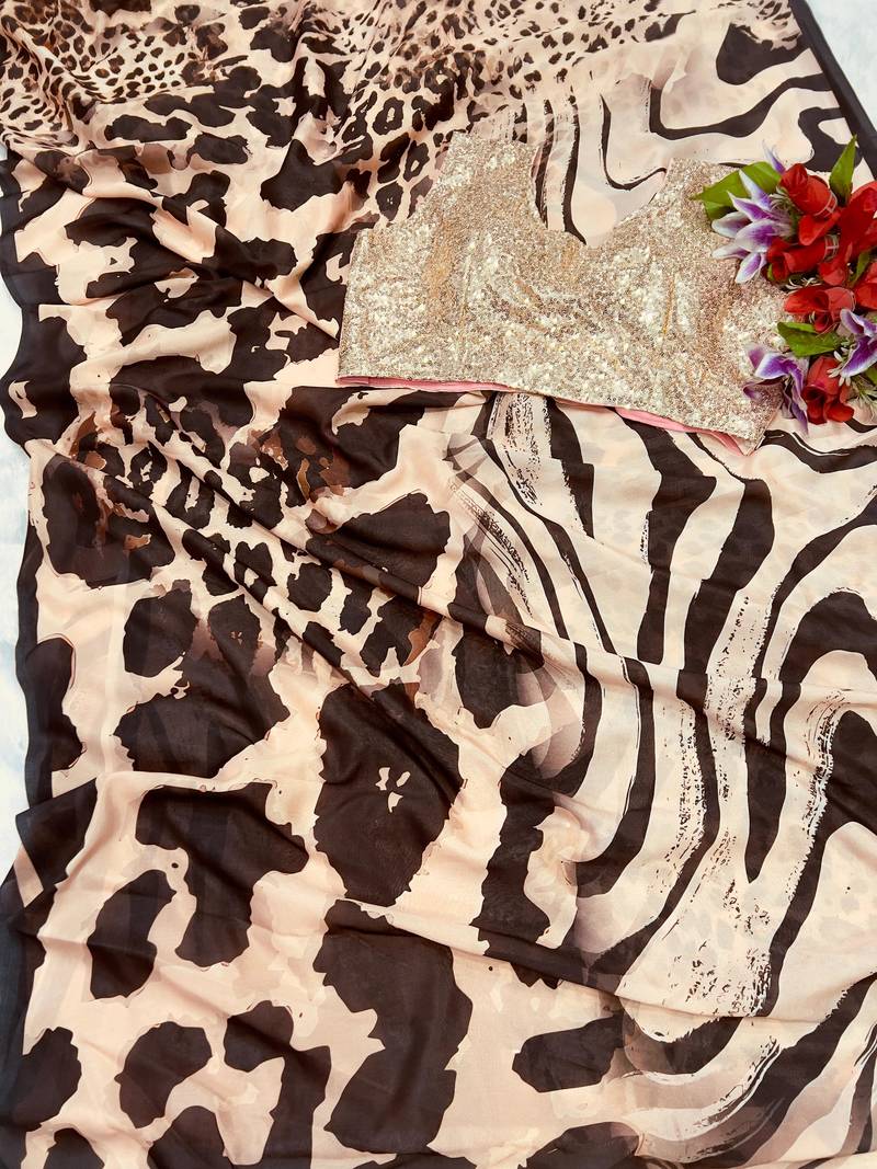 Beige printed vichitra silk bollywood saree with blouse