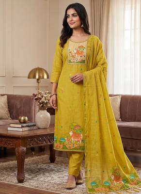 Premium cow design jamdani muga cotton salwar kameez material 1