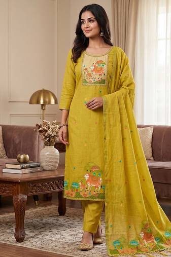Premium cow design jamdani muga cotton salwar kameez material