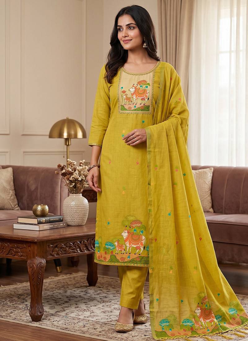 Premium cow design jamdani muga cotton salwar kameez material