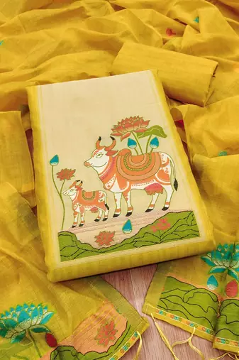 Premium cow design jamdani muga cotton salwar kameez material