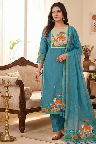 Premium cow design jamdani muga cotton salwar kameez material