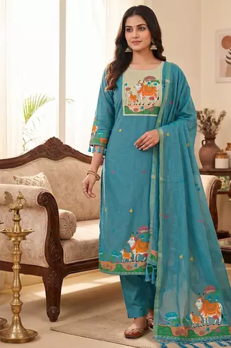 Premium cow design jamdani muga cotton salwar kameez material